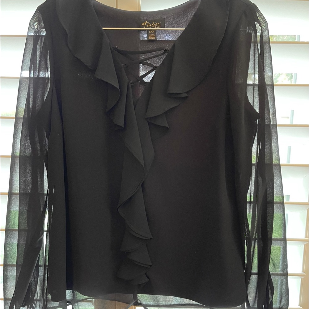 Thalia Sodi Black Slit Long Sleeve Sheer Blouse